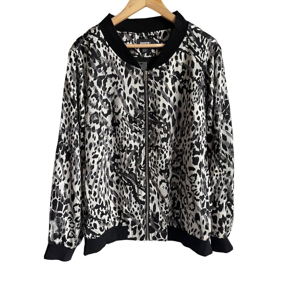 New! Societie 26/28 Black White Zip Up Long Sleeve Bomber Jacket Polyester Blend